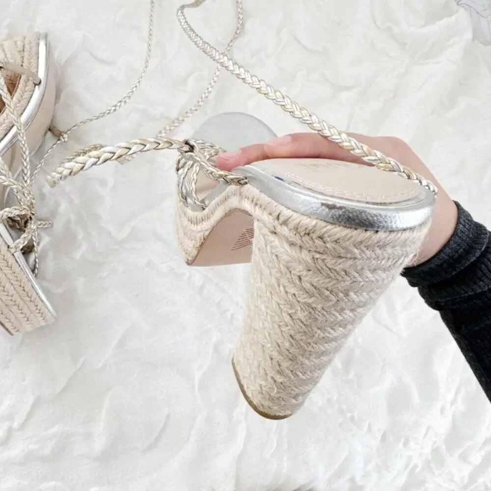 PAIGE Braided Metallic Ankle-Strap Platform Espadrilles Size 9 New